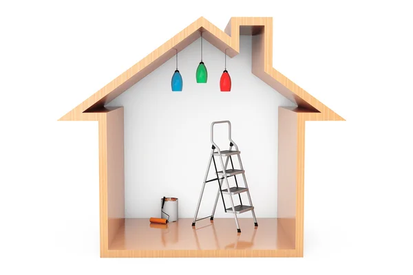 Paint can with roller brush and Ladder in the Wooden House Outli — Stock Photo, Image