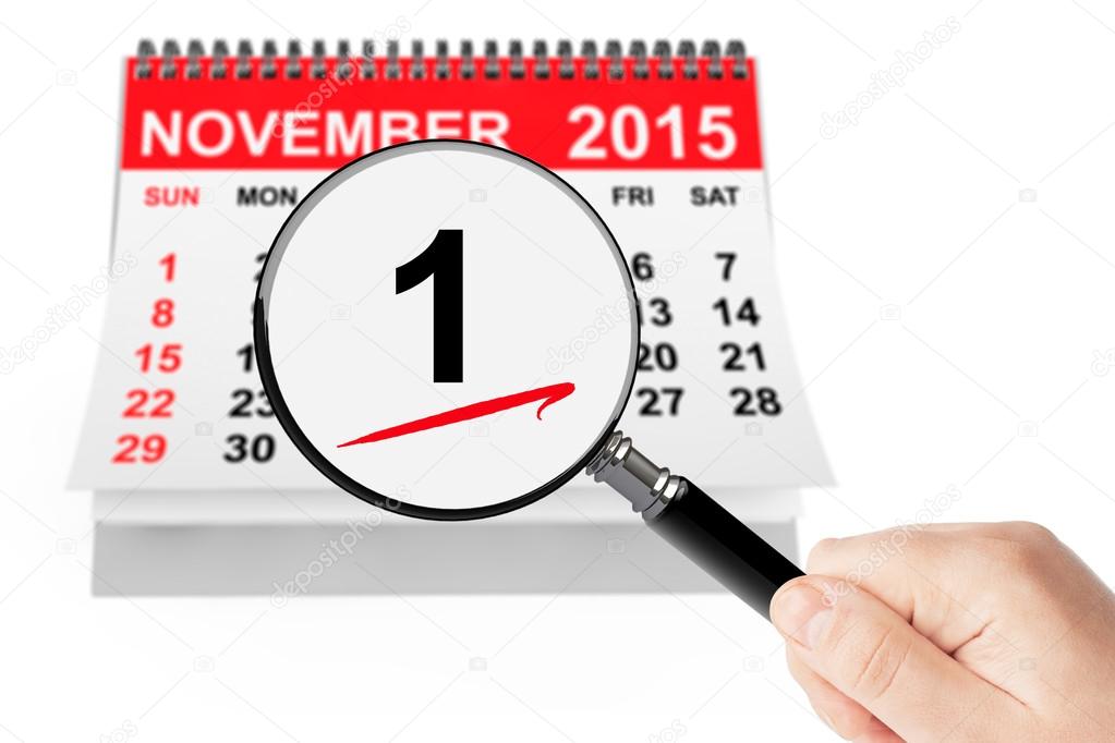All Saints Day Concept. 1 November 2015 calendar with magnifier