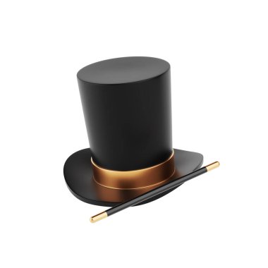 Büyü ve İllüzyon Konsepti. Siyah şapkalı, altın kurdeleli ve beyaz arka planda sihirli değnekli. 3d Hazırlama