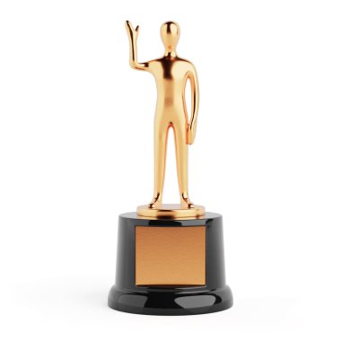 İş Mükemmelliği Konsepti. Beyaz arka planda yükseltilmiş eli olan Altın İşadamı Kupası. 3d Hazırlama