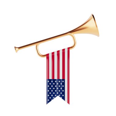 Vatanseverlik ve Törensel Müzik Konsepti. Beyaz arka planda Amerikan Bayrağı asılı Altın Borazan Borazanı. 3d Hazırlama
