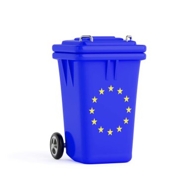 Avrupa Atık Yönetimi ve Geri Dönüşüm Konsepti. AB Yıldızları Beyazların Arkasında İzole Olan Mavi Çöp Kutusu. 3d Hazırlama