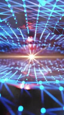 Sosyal Medya için 4k Çözünürlük Dikey Videosu: Teknoloji ve Ağ Kavramı. Merkezde Parlak Işıkla Parlayan Mavi Veri Bağlantılarının Karanlık Arkaplanda Kusursuz Dönüşümlü Canlandırılmasının Soyut Görüntülenmesi