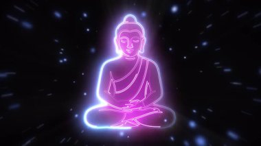 4k Çözünürlük Videosu: Ruhanilik ve İç Barış Konsepti. Meditasyonda Neon Buddha Silueti Kusursuz Döngüsüz Döngülü Animasyon Karanlık Uzay Arkaplanı Parıltısı