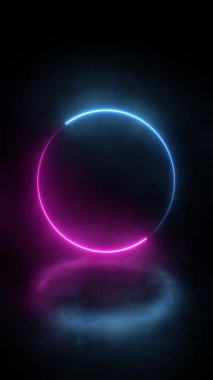 Sosyal Medya için 4k Çözünürlük Dikey Videosu: Dijital Portal Concept. Kusursuz Döngü Animasyonu Mavi ve Pembe Parlayan Neon Çemberi Yansıma ile Karanlık Dumanlı Uzayda Yüzüyor