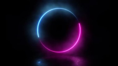 4k Çözünürlük Videosu: Dijital Portal Concept. Kusursuz Döngü Animasyonu Mavi ve Pembe Parlayan Neon Çemberi Yansıma ile Karanlık Dumanlı Uzayda Yüzüyor