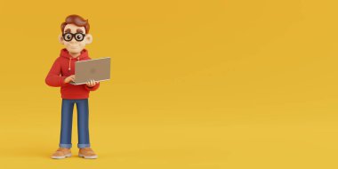 Yaratıcı Dijital Eğitim Konsepti. Dost canlısı çizgi film karakteri dizüstü bilgisayarı sarı arka planda duruyor ve çevrimiçi öğrenme ve teknoloji gösteriyor. 3d Hazırlama