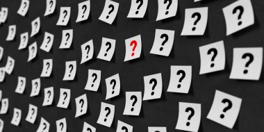 Belirsizlik ve karar verme kavramı. Koyu arkaplanda kırmızı bir sembolü vurgulayan soru işaretli beyaz kağıt notlar. 3d Hazırlama