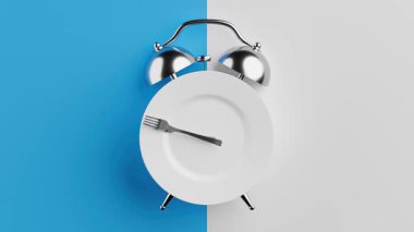 4k Çözünürlük Videosu: Zaman ve Beslenme Konsepti. Çatalsız Döngülü Animasyon Tabakta Zamanlayıcı Elleri Gibi Dönüyor Mavi ve Beyaz Saat Biçimli Alfa Matte