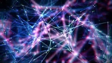4k Çözünürlük Vide: Yapay Zeka ve Veri Bağlantısı. Karanlık bir arkaplanda parlayan çizgiler ve düğümlerden oluşan soyut bir ağ