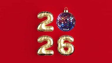 4k Çözünürlük Videosu: Yeni Yıl Kutlama Konsepti. Altın İşaret 2026 Noel Ağacı ile Balon Bauble Kusursuz Döngüsü Kırmızı Arkaplanda Alfa Matte ile Dönüyor