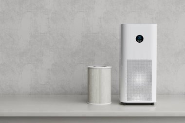 Smart Air Purification Concept. Modern White Air Purifier With Replaceable Filter Isolated On Gray Studio Background. 3d Rendering