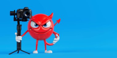 Yaratıcı Video Yapım Konsepti. Kırmızı Şeytan Çizgi Filmi Karakteri, Mavi Arkaplanda Üçayak Gimbal Üzerinde Profesyonel Kamera Tutuyor. 3d Hazırlama