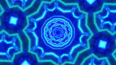 4k Çözünürlük Videosu: Fütürist Dijital Simetri ve Sonsuz Düzen Konsepti. Jeometrik Şekiller ve Neon Işığı Efektleri ile Parlayan Mavi Kaleydoskop Soyut Tünel Kusursuz Döngüsüz Canlandırma Oluşturuyor