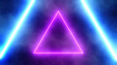 4k Çözünürlük Videosu: Fütürist Neon Tüneli Konsepti. Pembe Işınlar ve Dumanla Parlayan Mavi Üçgen Tünel Simetrik Derinliksiz Döngüsüz Canlandırma Oluşturuyor