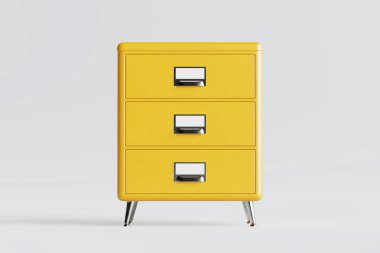 Modern Depolama ve Örgüt Konsepti. Açık gri arka planda üç çekmeceli ve metal bacaklı minimum sarı dolap. 3d Hazırlama