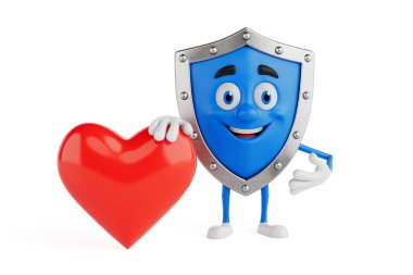 Veri Koruması ve Aşk Güvenlik Konsepti. Gülümseyen Mavi Kalkan Maskotu Kırmızı Kalp 'i Beyaz Arkaplanda İzole Edildi. 3d Hazırlama