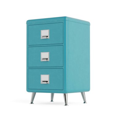 Ofis Organizasyonu ve Depolama Konsepti. Turkuaz Metal Dosya Dolabı. Beyaz arka planda üç çekmecesi var. 3d Hazırlama