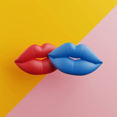 Sevgi ve İletişim Konsepti. Parlak sarı ve pembe arkaplanda kırmızı ve mavi dudaklar birbirine dokunuyor. 3d Hazırlama