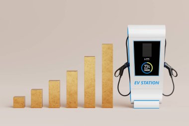 Elektrikli Araç Şarjı ve Yeşil Enerji Yatırım Konsepti. Gri Arkaplanda Yükselen Altın Çubuk Grafiğinin yanında Yükselen Ekran ile Modern EV İstasyonu. 3d Hazırlama