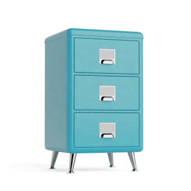 Ofis Organizasyonu ve Depolama Konsepti. Turkuaz Metal Dosya Dolabı. Beyaz arka planda üç çekmecesi var. 3d Hazırlama