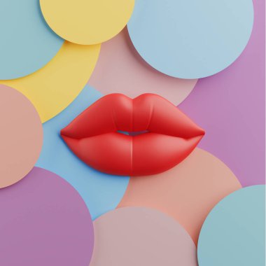 Kızıl Dudaklı Güzellik ve Cazibe. Renkli Soyut Arkaplanda Renkli Kırmızı Dudaklar Pastel Daireler Aşırı Kapanış. 3d Hazırlama