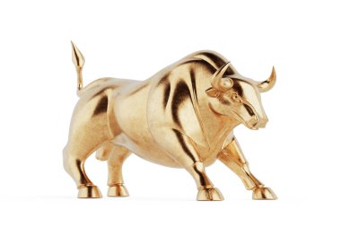 Finansal Büyüme ve Boğa Pazarı Konsepti. Altın Boğa Heykeli Yatırım Başarısını Sembolize Ediyor Beyaz Arkaplanda İzole Edildi. 3d Hazırlama