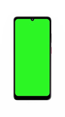 Sosyal medya için 4k Çözünürlük Dikey Videosu: Mobil Teknoloji ve Model Konsepti. Alfa Matte ile Beyaz Arkaplanda Yeşil Ekran Görüntüsü Verilen Modern Akıllı Telefon