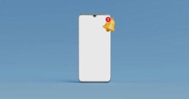 4k Çözünürlük Videosu: Mobil Uyarı Konsepti. Boş Ekran ve Çan Bildirimli Modern Akıllı Telefon Yeni İleti Gösteriyor ve Alfa Eşleşmesi ile Mavi Arkaplanda Canlandırılıyor