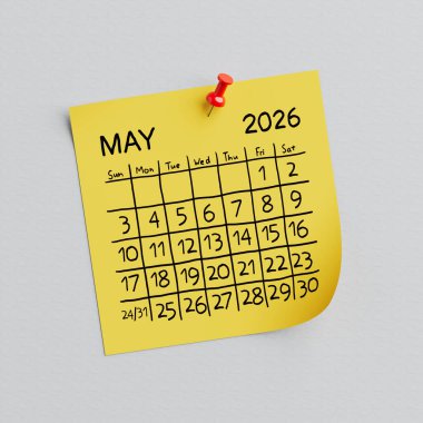 2026 Mayıslı Sarı Not Kağıdı. Beyaz zemin üzerinde el yazısıyla yazılmış takvim ve raptiye iğnesi. 3d Hazırlama