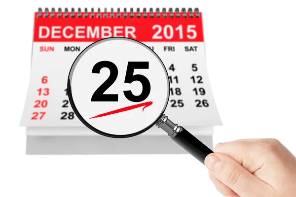 Weihnachtstag Konzept. 25. Dezember 2015 Kalender mit Lupe — Stockfoto