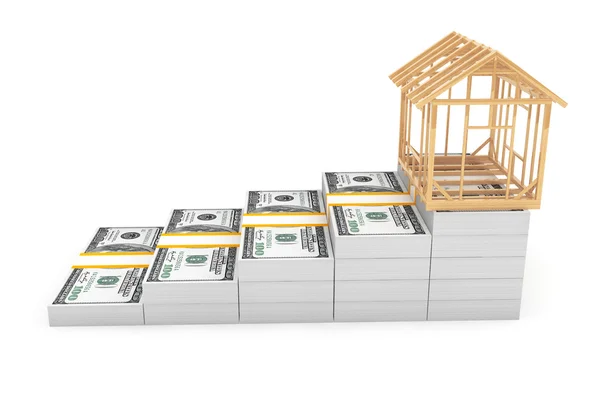 Real Estate επιχειρηματική ιδέα. Πλαίσιο σπιτιών πάνω από χρήματα στοίβα — Φωτογραφία Αρχείου