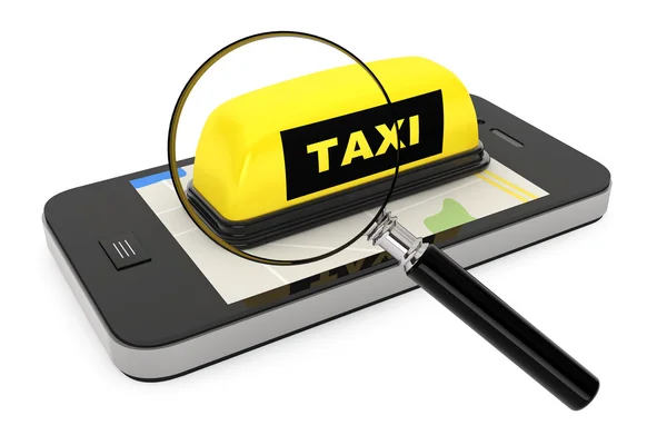 Magnifier, Taxi Sign with Mobile Phone and Map — Stock Photo, Image