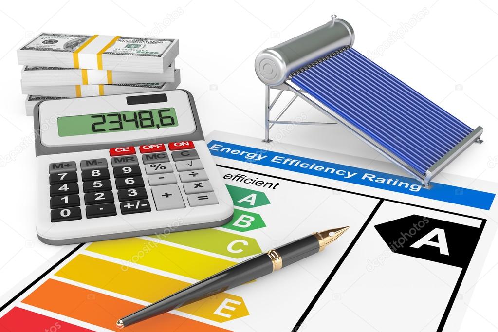 Energy Efficiency Rating with Solar water heater panel — Stock Photo