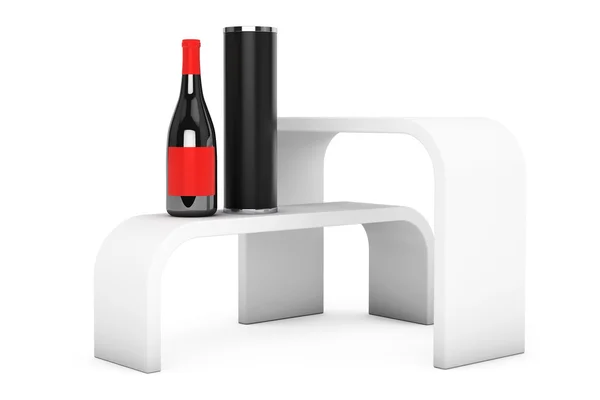 Promotion står hyllor med vinflaska — Stockfoto