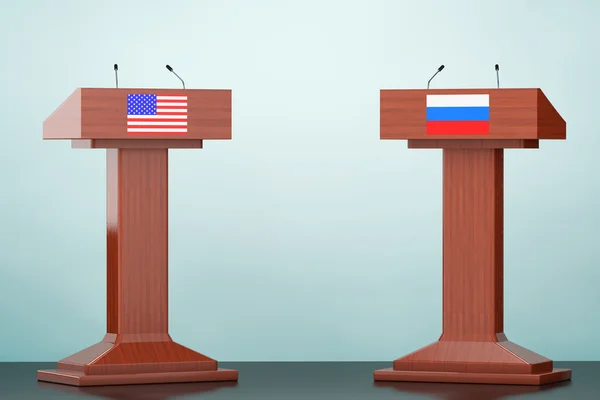 Houten Podium Tribune Rostrum staat met VS en Russisch vlaggen — Stockfoto