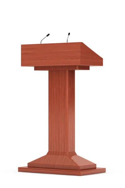 Wooden Podium Tribune Rostrum Stand with Microphones — Stock Photo, Image