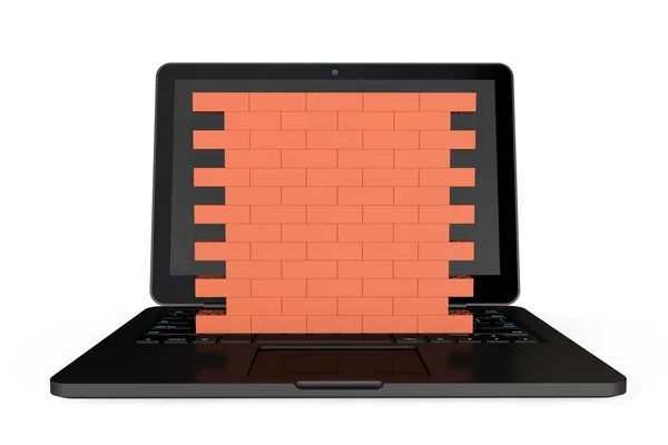 Konsep Firewall. Laptop dengan dinding bata — Stok Foto