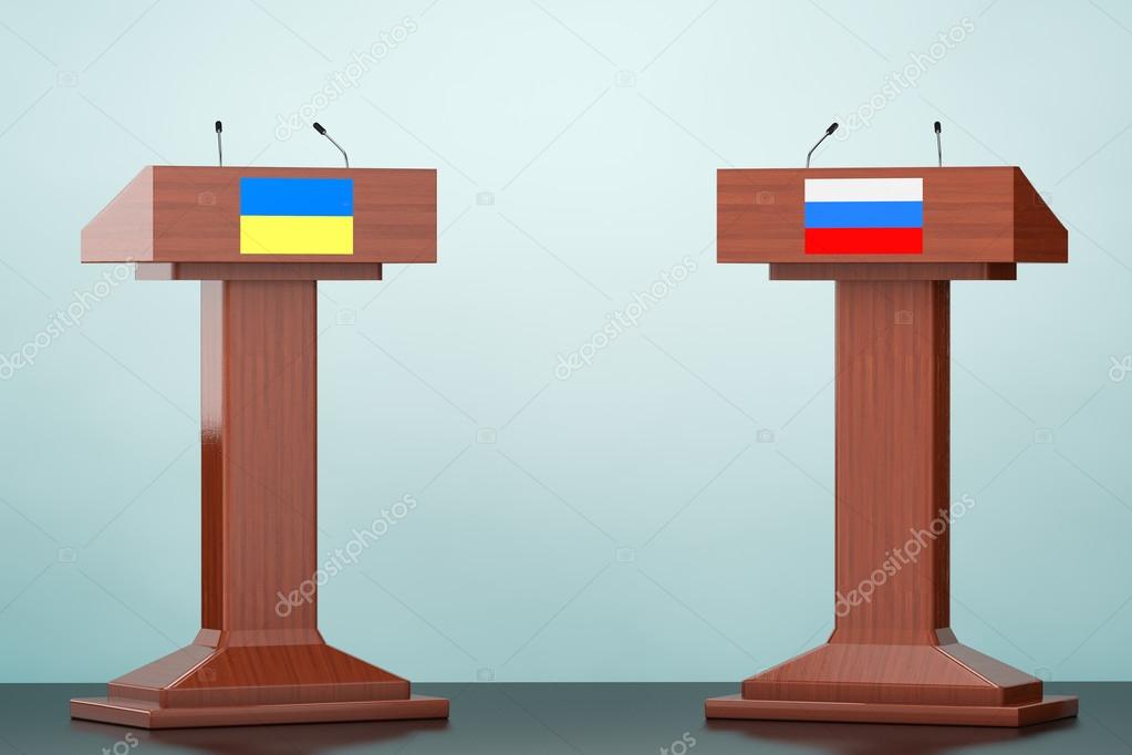 Wooden Podium Tribune Rostrum Stands with Ukraine and Russian fl