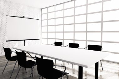 Projeksiyon perdesi, masa ve sandalyeler ofis Oda