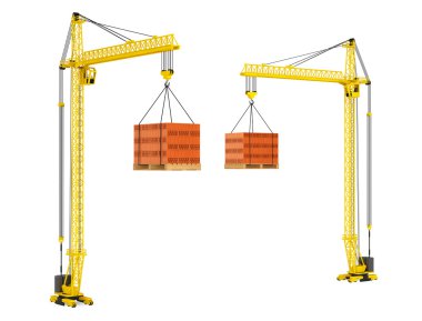 Kule Vinç yığılmış kırmızı tuğla ile ahşap palet üzerinde