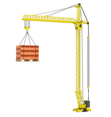 Ahşap palet üzerinde yığılmış kırmızı tuğla ile Vinçler