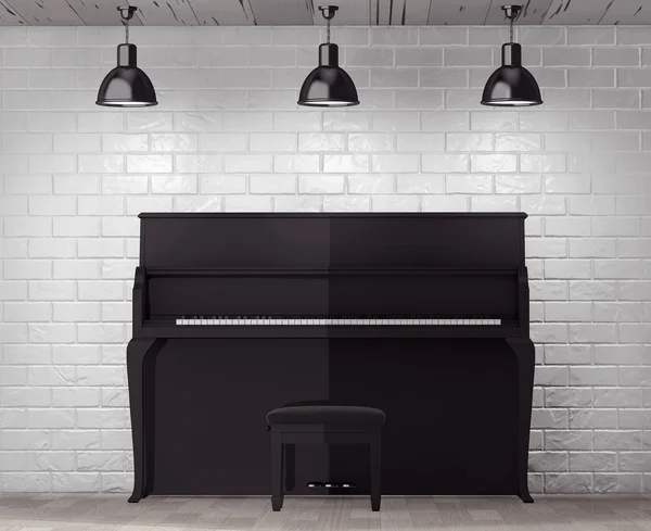 Zwarte piano voor bakstenen muur met leeg Frame — Stockfoto