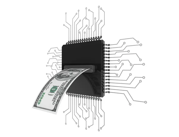 Digital Money Concept. Dollars Bill over Microchips with circuit — Stock Photo, Image