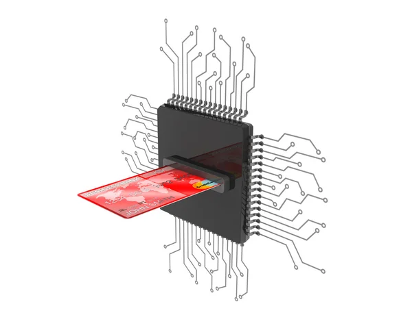 Digitale geld Concept. Credit Card via Microchips met circuit — Stockfoto