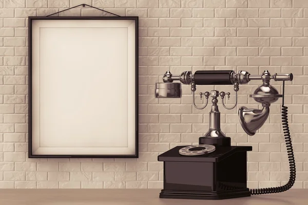 Vintage Telephone in front of Brick Wall with Blank Frame — Stock Photo, Image