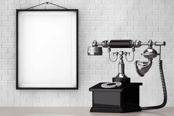 Vintage Telephone in front of Brick Wall with Blank Frame — Stock Photo, Image