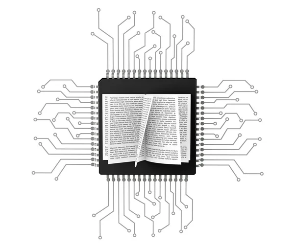 Digital Book Concept. Libro sobre microchips con circuito —  Fotos de Stock