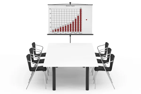 Promítací plátno s obchodní graf, stůl a židle — Stock fotografie