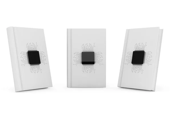 Digital Book Concept. Microchips con circuito sobre libros en blanco — Foto de Stock